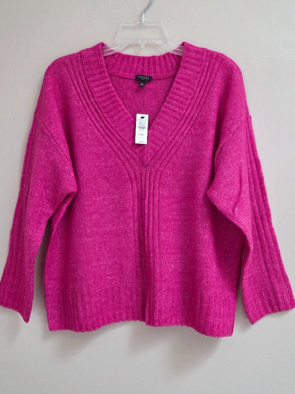 Talbots Women's PXL Raspberry Ribbed V-Neck Wool Blend Boxy Sweater Cottagecore